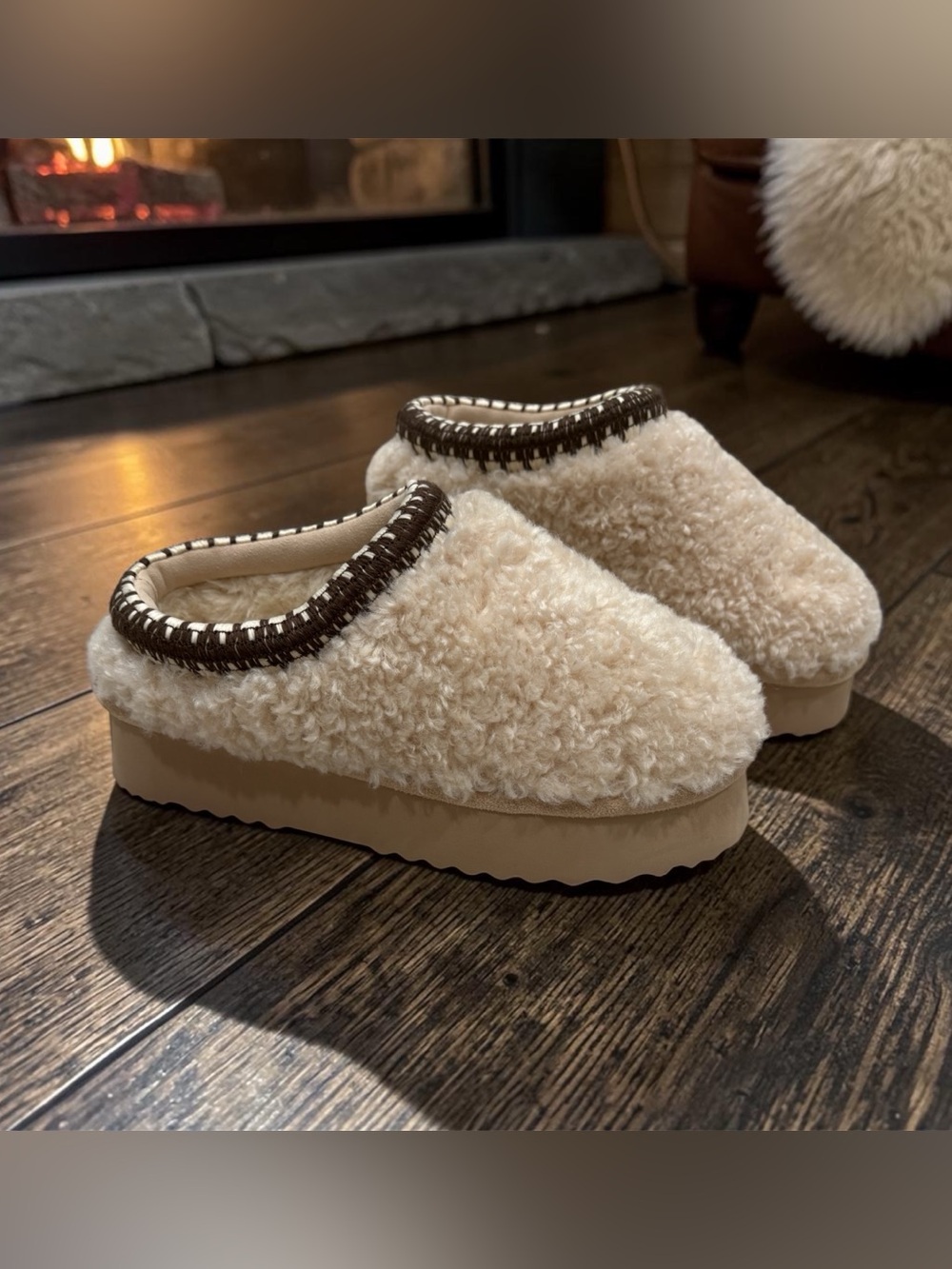 NWOB Steve Madden Selena Faux Shearling Platform Mule Slippers Natural Size 5M